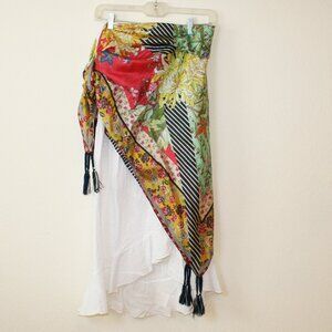 Sundance Papette White wrap linen skirt with Silk Tie Scarf Accent Size Large